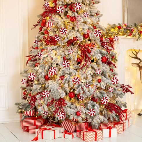 CCINEE 49 Pcs Christmas Candy Cane Hanging Ornaments Xmas Plastic Peppermint Candy Lollipop Tree Decorations with Ropes for Christmas Party Supplies Indoor Outdoor Decor(White and Red) in Saudi Arabia
