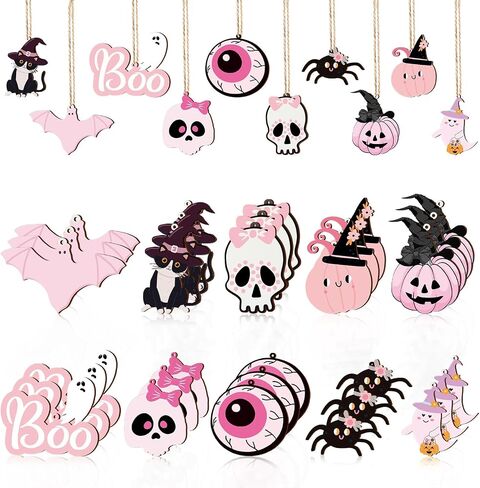 Kigley 30 Pcs Halloween Wooden Hanging Ornaments Pink and Black Halloween Decorations Skulls Pumpkins Spiders Cats Eyeballs Ghost with Rope Halloween Tree Decor for Halloween Party Favor Supplies in Saudi Arabia