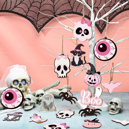 Kigley 30 Pcs Halloween Wooden Hanging Ornaments Pink and Black Halloween Decorations Skulls Pumpkins Spiders Cats Eyeballs Ghost with Rope Halloween Tree Decor for Halloween Party Favor Supplies in Saudi Arabia