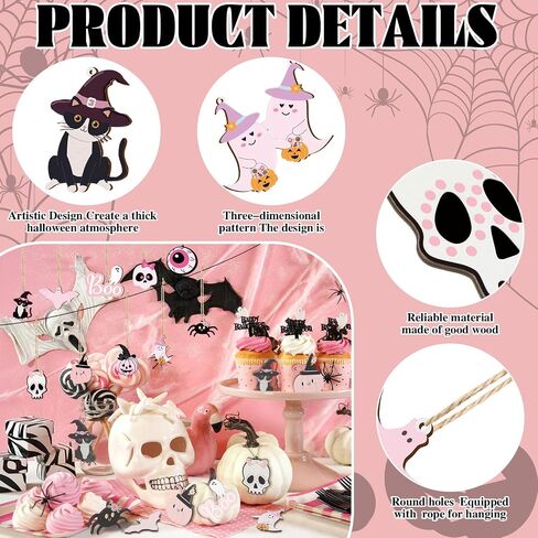 Kigley 30 Pcs Halloween Wooden Hanging Ornaments Pink and Black Halloween Decorations Skulls Pumpkins Spiders Cats Eyeballs Ghost with Rope Halloween Tree Decor for Halloween Party Favor Supplies in Saudi Arabia