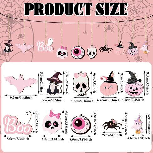 Kigley 30 Pcs Halloween Wooden Hanging Ornaments Pink and Black Halloween Decorations Skulls Pumpkins Spiders Cats Eyeballs Ghost with Rope Halloween Tree Decor for Halloween Party Favor Supplies in Saudi Arabia