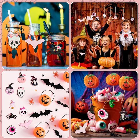Kigley 30 Pcs Halloween Wooden Hanging Ornaments Pink and Black Halloween Decorations Skulls Pumpkins Spiders Cats Eyeballs Ghost with Rope Halloween Tree Decor for Halloween Party Favor Supplies in Saudi Arabia