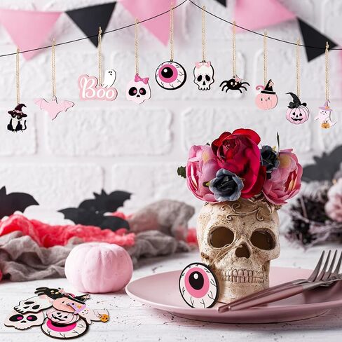 Kigley 30 Pcs Halloween Wooden Hanging Ornaments Pink and Black Halloween Decorations Skulls Pumpkins Spiders Cats Eyeballs Ghost with Rope Halloween Tree Decor for Halloween Party Favor Supplies in Saudi Arabia