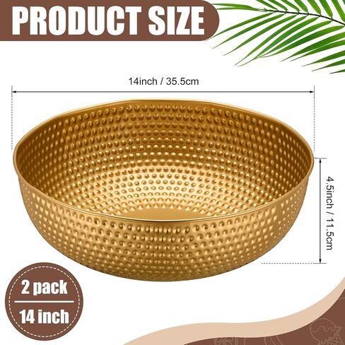 2 Pcs 14" Gold Hammered Metal Bowl Round Gold Bowl Fruit Decorative Bowls for Serving Food Kitchen Counter Table in Saudi Arabia