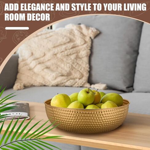 2 Pcs 14" Gold Hammered Metal Bowl Round Gold Bowl Fruit Decorative Bowls for Serving Food Kitchen Counter Table in Saudi Arabia