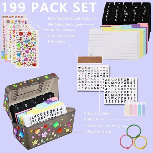 مجموعة حامل بطاقات الفهرس 3 × 5 - منظم بطاقات الفهرس، منظم بطاقات العمل، صندوق وصفات بطاقات الفهرسة مع مجموعة فواصل تتضمن ملصقات متنوعة، ملصقات، حلقات كبس، وفواصل بطاقات الفهرس (204 حزمة) in Kuwait