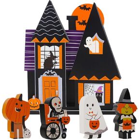 Lulu Home Halloween Tabletop Decoration, Wooden Haunted House with Ghost Pumpkin Man Skeleton and Witch Pieces, Holiday Sign for Indoor Fireplace Desk Kitchen Ornament