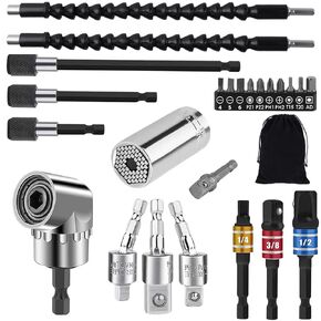 Flexible Drill Bit Extension and Universal Socket Wrench Tool Set, Hex Shank 105° Right Angle Drill Attachmen, 1/4 3/8 1/2" Universal Socket Adapter Set, Drill Bit Holder Screwdriver Bit Kit