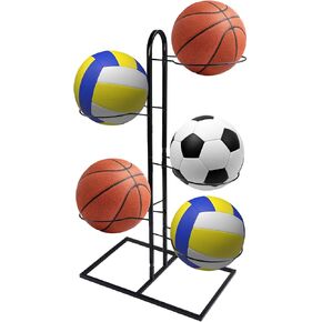 Longzhuo 5 Tier Ball Storage Rack, Vertical Ball Rack, Metal Basketball Holder Basketball Storage Rack Basketball Display Stand Garage Sports Equipment Organizer for Volleyball Football Basketball