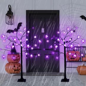 2 Pack 4 FT Spooky Black Halloween Tree with Timer, 48 LED Purple Lights with Eyeball Ghost Grimace DIY Ornaments, Artificial Halloween Tree Decorations Indoor Outdoor (Purple)