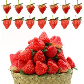 50Pcs Artificial Strawberries Fruit Plastic Foam Fake Lifelike Simulation Realistic Strawberry Faux Fruits Decoration for Home Kitchen Cabinet Party Cake Dessert Decor Photography Prop
