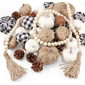 Jutom 24 Pcs Mixed Artificial Fake Pumpkins White Plaid Fabric Burlap Pumpkins 12 Pcs Natural Pine Cones, 1 Pcs Tassels Wood Beads for Fall Wedding Tables Centerpieces Halloween Home Decoration