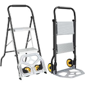 3 Step Ladder & Folding Hand Truck,3 Step Stool with Wide Anti-Slip Pedal and Cushioned Handle for Home Factory,2 in 1 Aluminum Dolly Cart with Foldable Wheels for Moving Luggages,Black