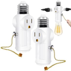2 Pack Light Socket to Plug Adapter,E26/E27 Light Bulb Outlet Socket Adapter,Both Sides Sockets Support 3 Prong Light Socket Plug with Switch Control,Light Outlet Plug Adapter,White