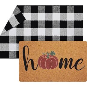 Geelin 2 Pcs Fall Home Door Mat Pumpkin Welcome Mat Thanksgiving Front Door Mat Outdoor Decorative Doormat Non Slip Black White Buffalo Checkered Rug Door Entrance Mat for Indoor Outdoor