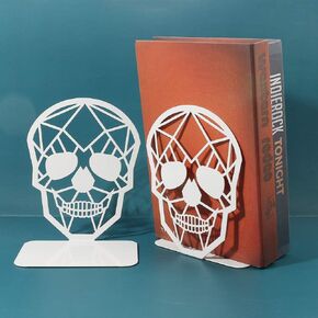 Metal Skull Design White Bookend - Heavy-Duty Bookends for Shelves, Skull Book Ends for Heavy Books, Book Shelf Holder Home Office Decorative Desktop Organizer (1 Pair-White)
