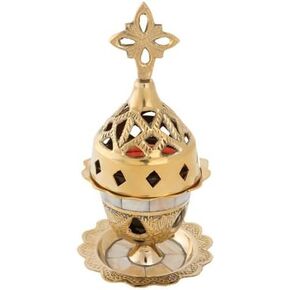 Orthodox Greek Christian Bronze Votive Vigil Oil Lamp with Red Glass - 9353Mop