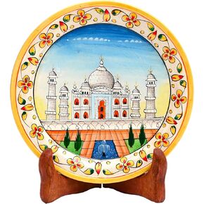 Marble Decorative Plate Traditional Indian Handpainted Round Shape Showpiece Pottery Plate with Stand for Decoration Home Office Décor and Gifting (Taj Mahal)