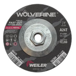 Weiler 56384 5 Inch Cutting Wheel, Wolverine AO Steel/Metal Fast Cutting, 3/32" A24T Type 27 5/8"-11 Hub, Pack of 10