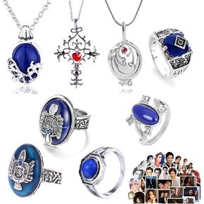 Vampire Ring Necklace Jewelry Stickers Set Diaries Daylight Walking Signet Damon's Ring Daywalking Katherine Sapphire Crystal Pendant Necklaces Cosplay for Fans 38 pcs