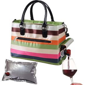 Insulated Drink Purse w/ 3L Bladder Bag | Thermal Hot and Cold Storage | Portable Drinking Dispenser for Wine, Cocktails, Beer, Alcohol | PU Leather Finish (Stripe)