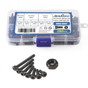 M3 x 6/8/10/12/16/20/25m Small Metric Hex Socket Head Cap Screws and Nuts Assortment Kit With 1 Wrench，12.9 Grade Alloy Steel，Fully Threaded，Replacement Fastener Screws，Assortment Kit 280PCS