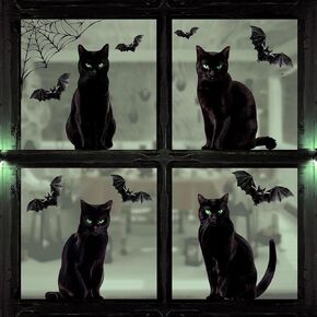 Halloween Window Clings Decorations Large Realistic Black Cat Halloween Window Stickers Cobweb Bat Halloween Window Silhouette Cover Window Decals Spooky Party Indoor Halloween Decor for Window 6Pcs