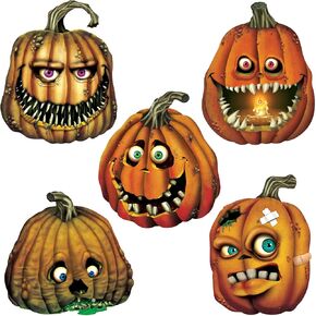Beistle 5 Piece Paper Creepy Jack-O-Lantern Cut Outs Halloween Party Decorations, Fall Décor, Made in USA Since 1900, 10" - 12.75", Orange/Brown/Green