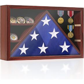 Flag Box Display Case for 3' x 5' Folded American Flag (Not for Burial Flag Holder Frame) Wall Mounted Veteran Flag Display Case with HD Tempered Glass Folded Flag Display Case for Veteran Red