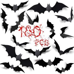 180pcs Halloween Decorations Bats Wall Decor Halloween Party Decorations Indoor Outdoor 3D Black Bats Wall Realistic Scary PVC Bats,for DIY Wall Decal Bathroom Home Window Door Halloween Decor