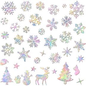 3 Sheets Christmas Window Clings, Snowflake Christmas Tree Window Gel Stickers Holographic Vinyl Non Adhesive Prismatic Window Decals Anti Birds Collide Window for Room Decoration