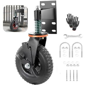 Fence Gate Wheels 8 Inch with Brake for Wooden & Metal Tube Gate, 600lb Capacity 360 Degree Rotation, Spring Loaded Farm Gate Caster Wheel with Screws, Screwdriver, Gloves