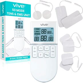 Vive 50 Mode TENS Machine for Pain Relief Therapy - EMS & Tens Muscle Stimulator for Back, Body, Recovery, Cramps - Rechargeable Unit with 8 Reusable Electrode Pads & Adjustable Intensities