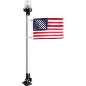 Young Marine 3 Nautical Mile White LED Fold Down Boat Stern Light Boat Anchor Light for Pontoon and Fishing Boat Navigation Anchor Lights All Round 360° White LED 12-24V (25" with Flag)