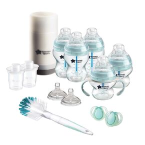 Tommee Tippee Advanced Anti-Colic Ready for Baby Bottle Set, 5oz and 9oz Self-Sterilizing Bottles, Slow and Medium Flow Nipples, 0-6 Month Pacifiers, Travel Bottle Warmer, Removable Bottle Handles