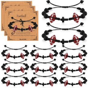 12 Set Sport Adjustable Beaded Bracelets Gifts Football Softball Soccer Volleyball Golf Basketball Bracelets Stuff for Women Men Adjustable Beaded Bracelets Cards(Football and Cross,Black)