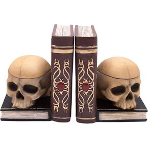 Gothic Skull Bookends and Trinket Box Set, Medieval Decorative Bookshelf Accents, Gothic Room & Library Accessories, 7.5 Inches