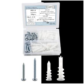 DGZZI 100PCS Zinc Plastic Self Drilling Drywall Hollow Wall Anchor Assortment Kit Nylon Spiral Expansion Screw for Hanging Bathroom and Kitchen Accessory