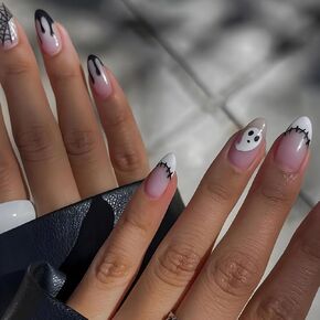 Halloween Press on Nails Stiletto Fake Nails Full Cover Red Blood Droplets Designs Medium Artificial Nails White French Tip Stick on Nails Terror Evil Artificial Nails for Women Girls 24pcs