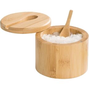 Bamboo Salt and Pepper Bowls with Spoon, Stacked Salt/Pepper Container with Magnetic Swivel Lids and Spoons, Modern Farmhouse Kitchen Decoror for Storing Salt, Herbs, Spices (1 Compartment)