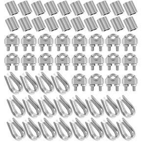 JMIATRY 20Pcs M4 Stainless Steel Wire Rope Cable Clip Clamp 20Pcs M4 Stainless Steel Thimble 20Pcs M4 Aluminum Crimping Loop Sleeve, 3/16" Wire Rope Crimping Kit for 5/32 Inch Diameter Wire Rope/Cable