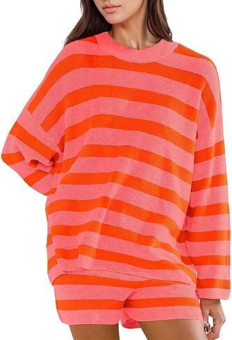 Sweater Sets Women Oversized Lounge Sets Striped Matching Pajamas Long Sleeve Sweater Top and Shorts in Saudi Arabia