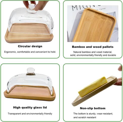 butter dish with lid, airtight lid keeps butter soft - Glass butter dish with lid for countertop. Widened design to fit all butters. Bamboo pallets are safer and healthier. Dishwasher Safe. in Saudi Arabia