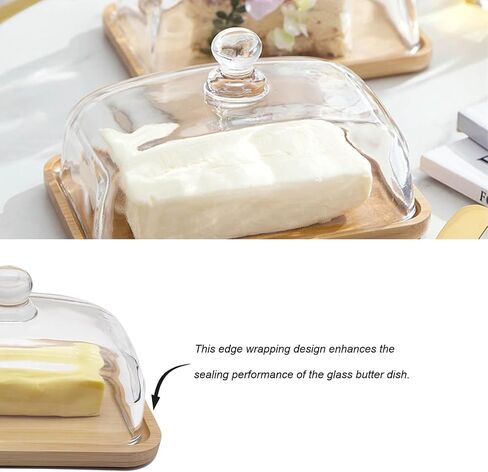 butter dish with lid, airtight lid keeps butter soft - Glass butter dish with lid for countertop. Widened design to fit all butters. Bamboo pallets are safer and healthier. Dishwasher Safe. in Saudi Arabia