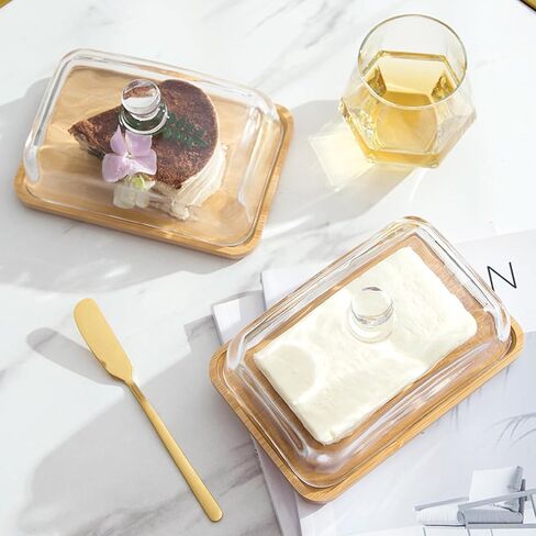 butter dish with lid, airtight lid keeps butter soft - Glass butter dish with lid for countertop. Widened design to fit all butters. Bamboo pallets are safer and healthier. Dishwasher Safe. in Saudi Arabia