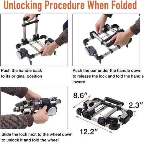 Folding Hand Truck Dolly with 2 Wheels, Foldable Luggage Cart, Loadable 55lbs, Stainless Steel Travel Trolly, Portable Dolly for Moving Airport Use in Saudi Arabia