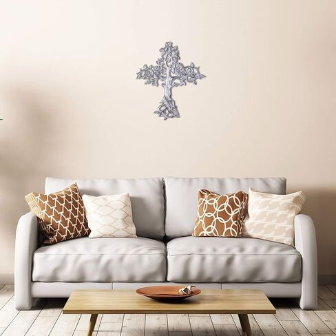 صليب حائط معدني شجرة الحياة من أبي ديكور | الصليب الروحي المسيحي للجدار | ديكور حائط متقاطع ديني، أفضل لديكور المنزل والمكتب وكهدية | ديكور متقاطع بلمسة نهائية من النيكل الفضي in Kuwait