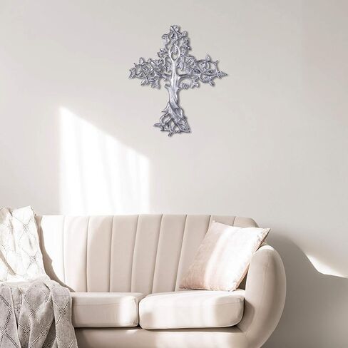 صليب حائط معدني شجرة الحياة من أبي ديكور | الصليب الروحي المسيحي للجدار | ديكور حائط متقاطع ديني، أفضل لديكور المنزل والمكتب وكهدية | ديكور متقاطع بلمسة نهائية من النيكل الفضي in Kuwait