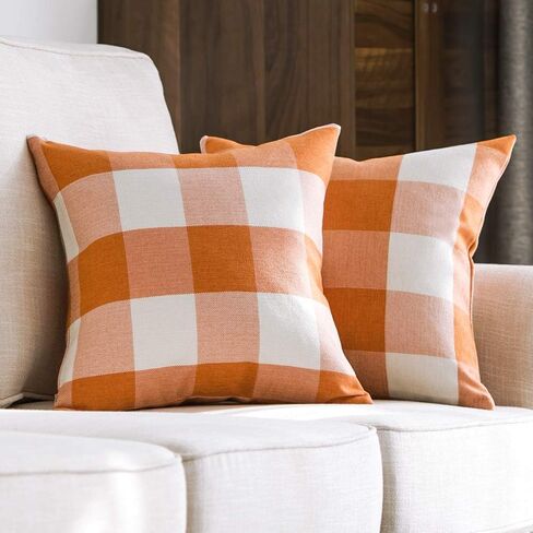 MIULEE Fall Pack of 2 Decorative Classic Farmhouse Buffalo Check Plaids Throw Pillow Covers Polyester Linen Soft Soild Orange Cushion Case for Halloween Sofa Bedroom Outdoor 18 x 18 Inch in Kuwait
