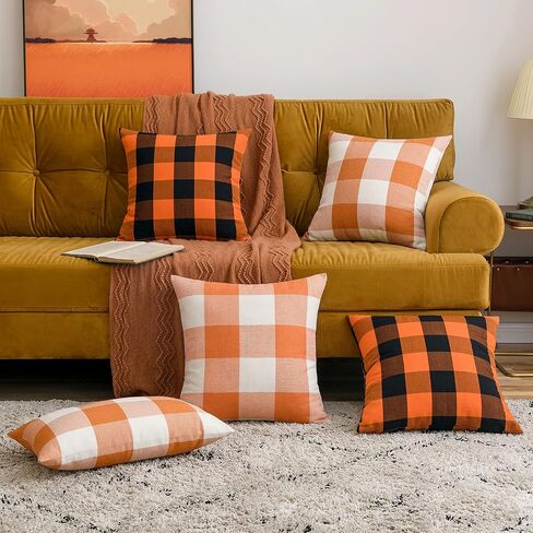 MIULEE Fall Pack of 2 Decorative Classic Farmhouse Buffalo Check Plaids Throw Pillow Covers Polyester Linen Soft Soild Orange Cushion Case for Halloween Sofa Bedroom Outdoor 18 x 18 Inch in Kuwait